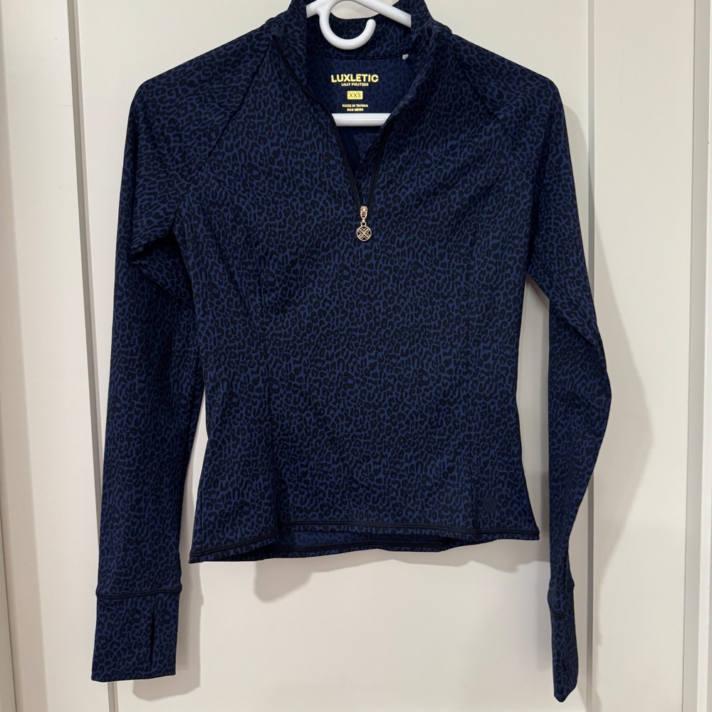 Lilly Pulitzer Luxletic Navy Blue Leopard Print Half Zip Pullover Top XXS 017130